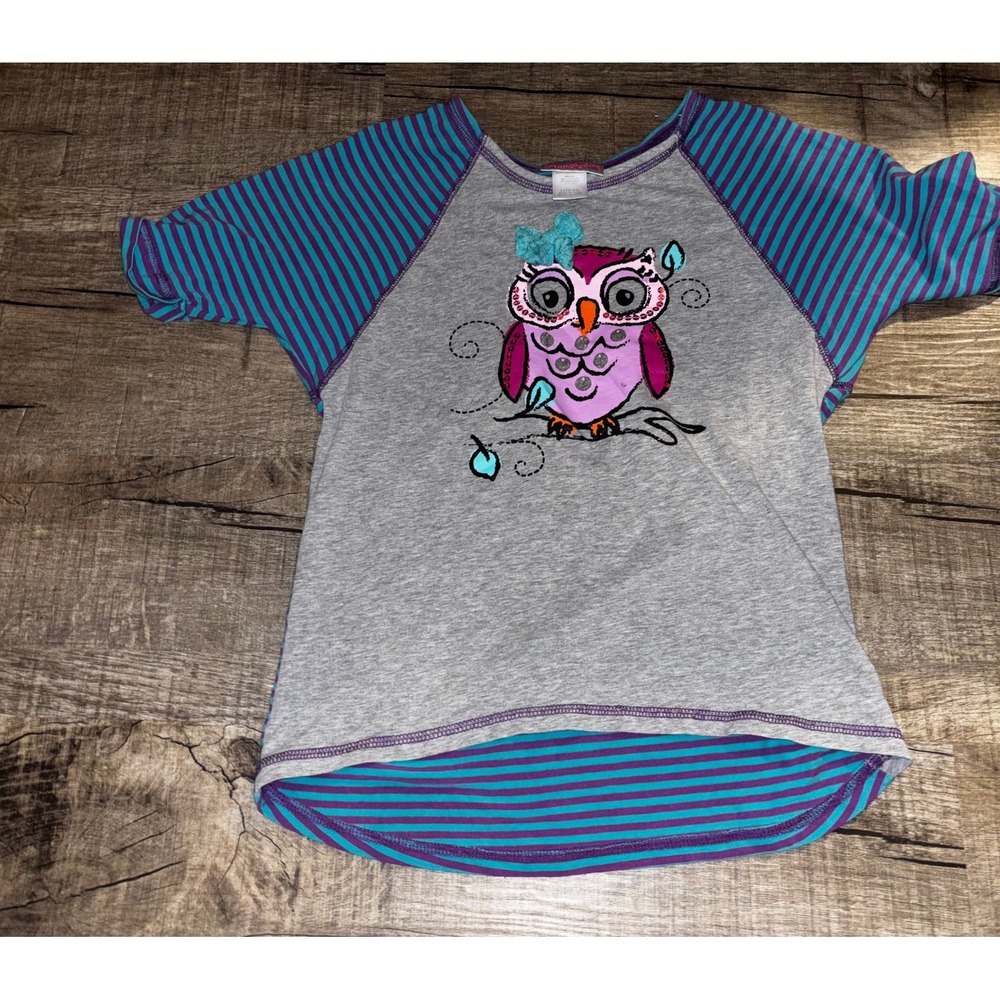 Flapdoodles Girls Owl Graphic Raglan Striped High Low Shirt Gray Purple L 10/12